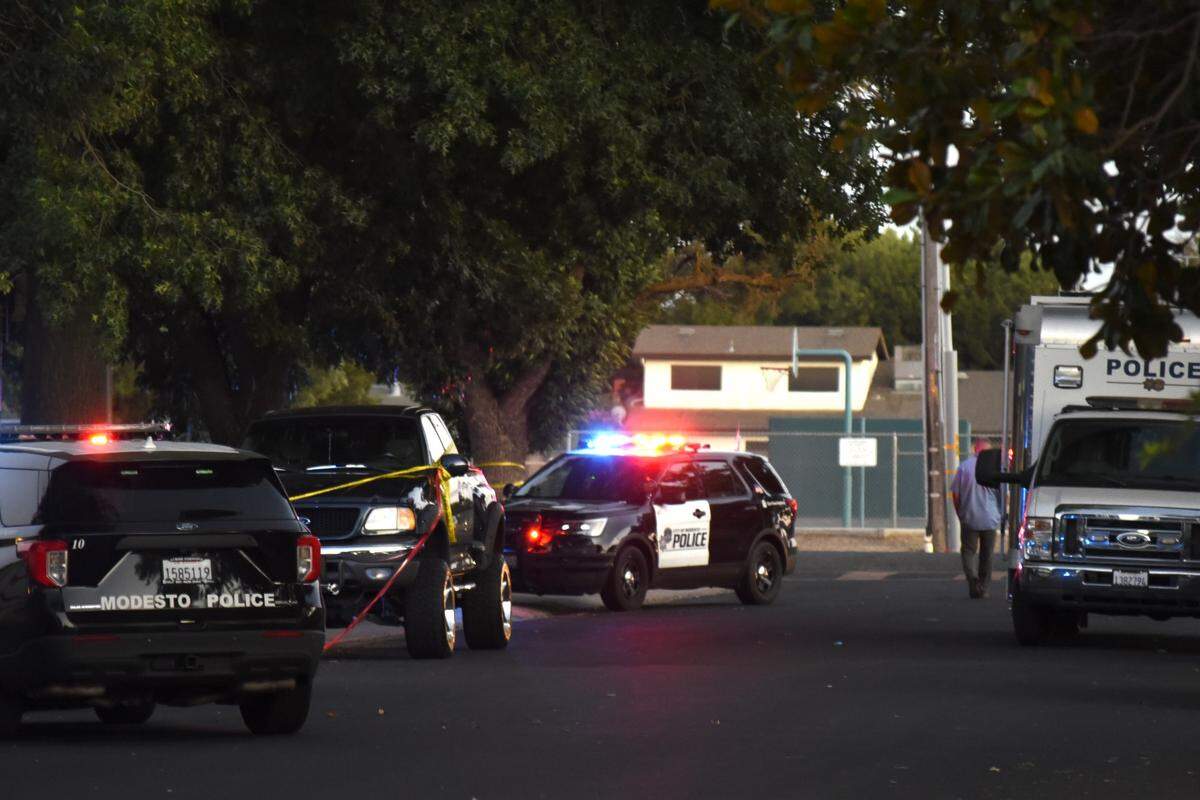 Modesto police investigate after an officer was involved in a shooting in the 1400 block of Entrada Way in Modesto, Calif. July 14, 2022.