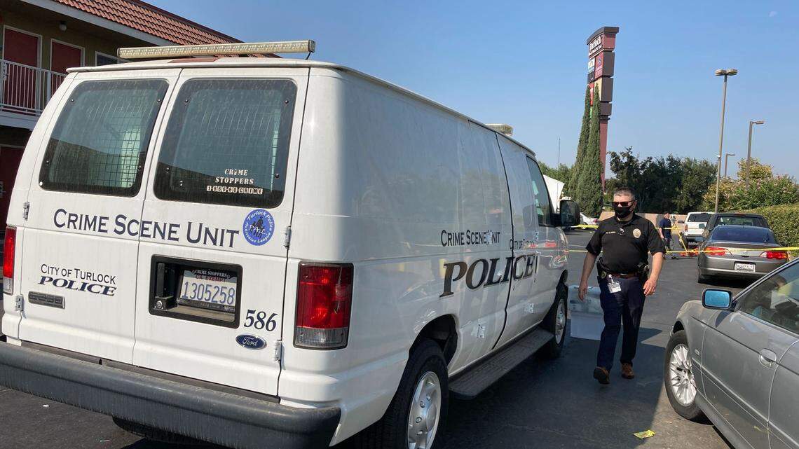 Police investigate the scene of a fatal shooting at the Days Inn in Turlock, Calif. Monday Sept. 7, 2020.