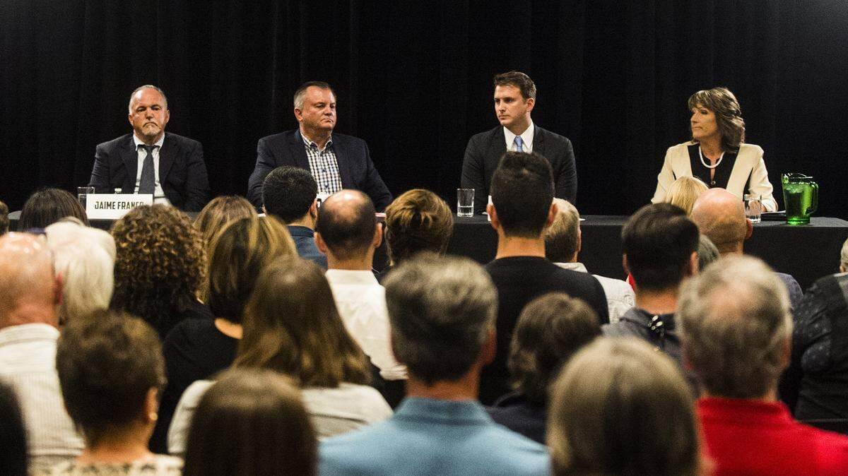 Mayoral candidates, from left, Jaime Franco, Brad Bates, Gary Soiseth, and Amy Bublak during a September forum in Turlock.