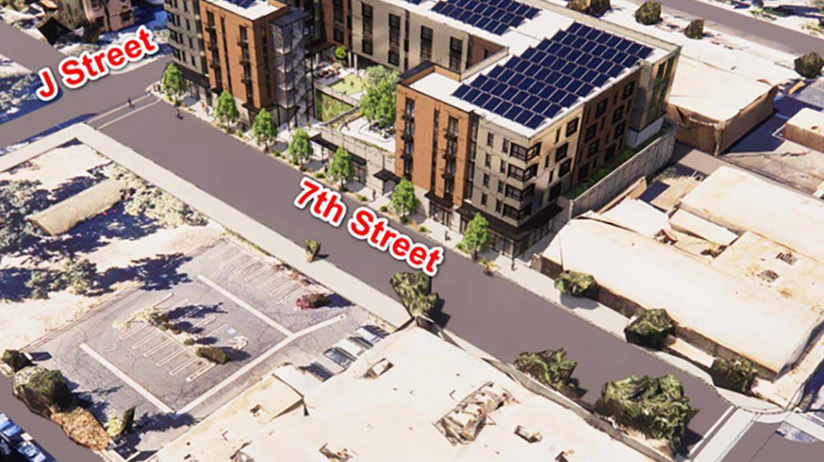 The first major housing project in downtown Modesto in 50 years, Seventh Street Village, is proposed at J and Seventh streets. First, Visionary Builders must secure a $50 million state grant and tax credits.