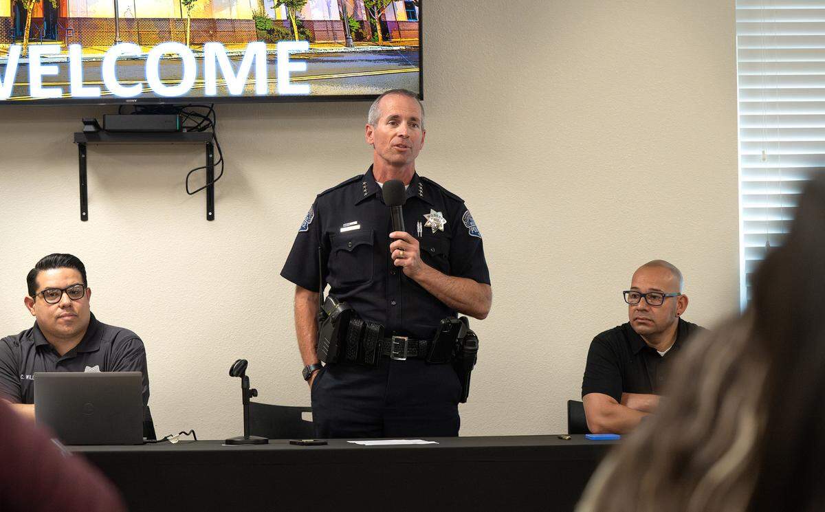 Modesto Police Chief Brandon Gillespie addresses guests at the MPD’s South Modesto Community Forum at the King-Kennedy Center in Modesto, Wednesday, May 14, 2025.
