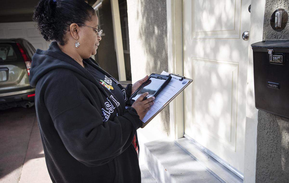 Faith in the Valley’s Liz Wortham canvasses a west Modesto neighborhood to get the word out about the 2020 Census in Modesto, Calif., on Wednesday, Jan. 29, 2020.