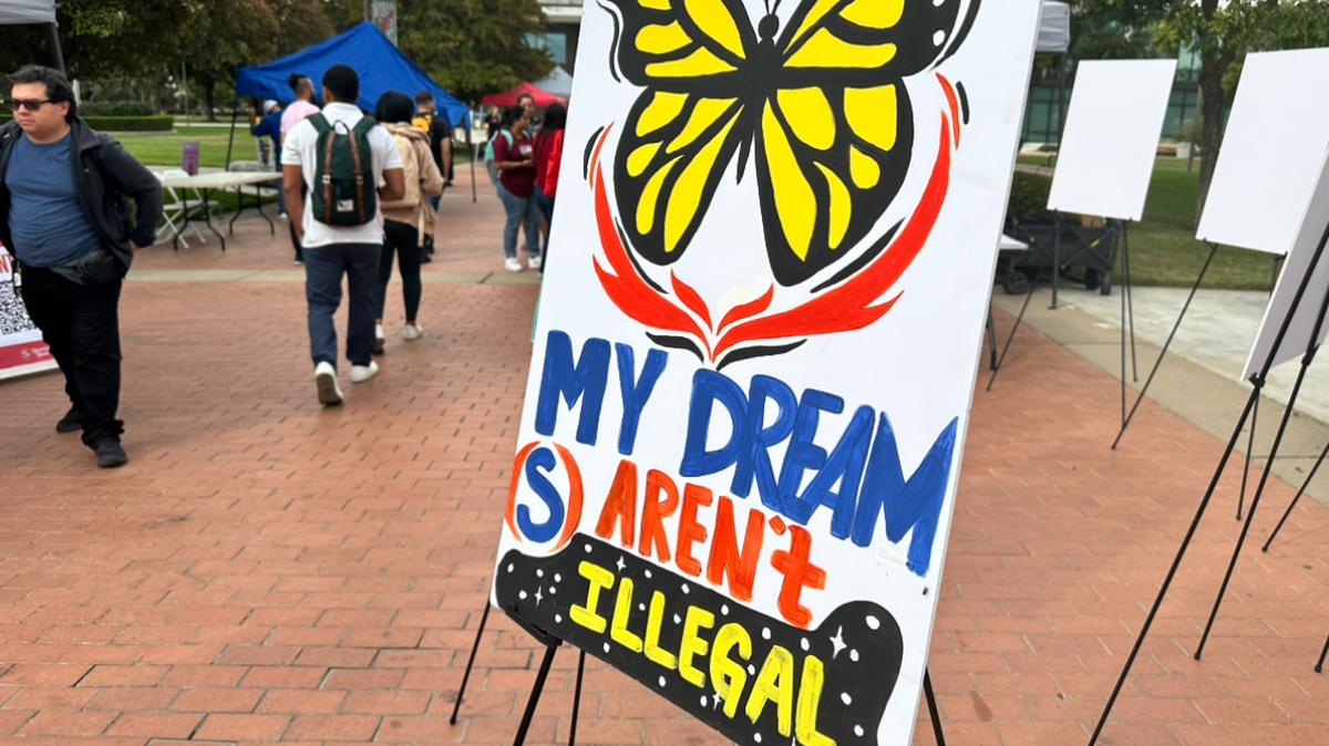 Posters and signs displayed at Stanislaus State’s quad for the “Undocu-Day of Action” event hosted on Wednesday, Oct 16.
