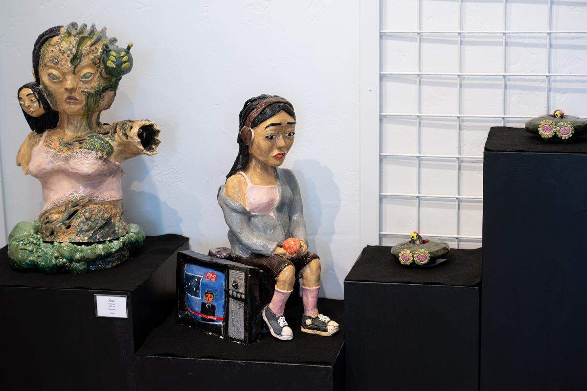 Ceramic sculptures by Ericka F. in the Stanislaus Arts Council gallery exhibition “Young at Art” in Modesto, Thursday, March, 6, 2025.