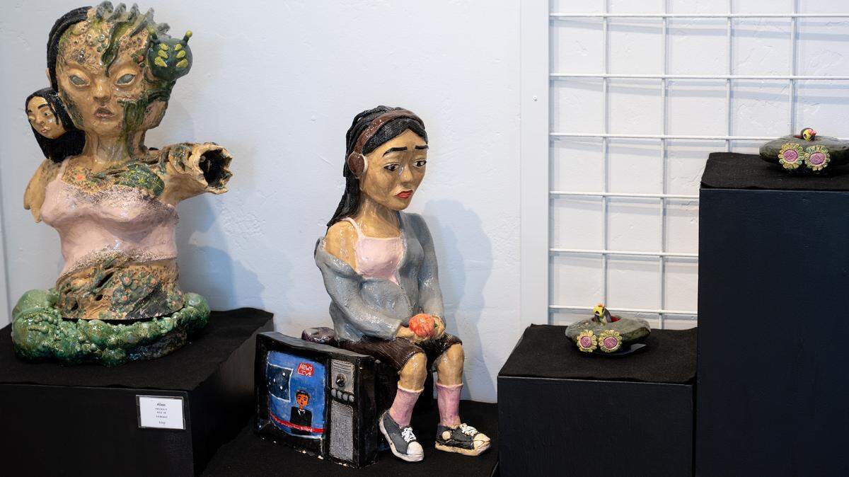 Ceramic sculptures by Ericka F. in the Stanislaus Arts Council gallery exhibition “Young At Art” in Modesto, Thursday, March, 6, 2025.