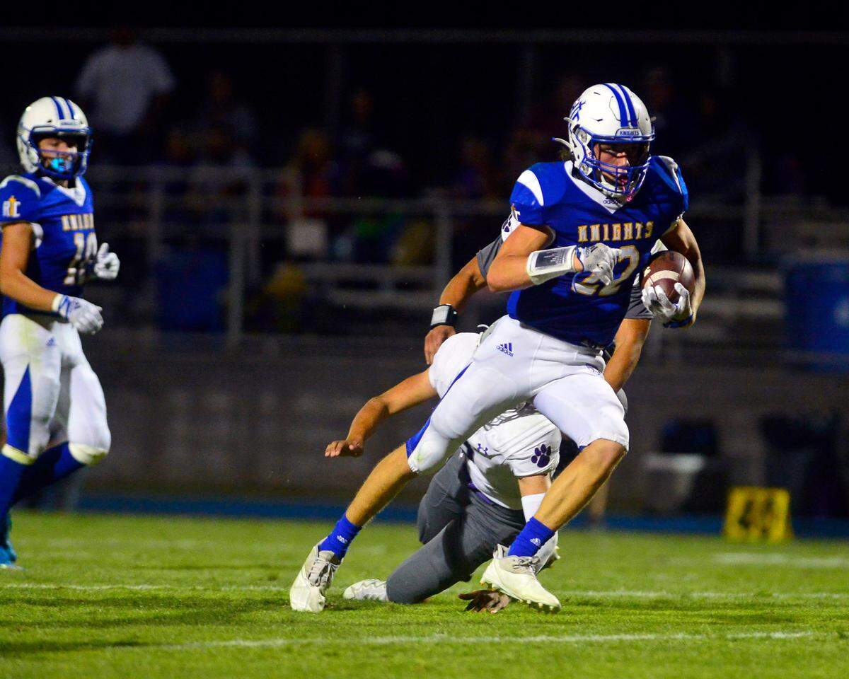 RC running back Derek VanElderen sprints up field for a touchdown during a game between Ripon Christian and Denair at Ripon Christian High School in Ripon California on September 16, 2022.