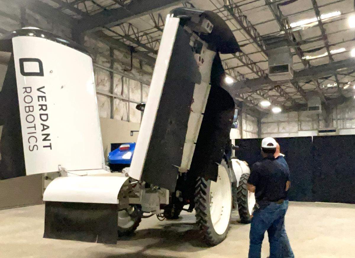Verdant Robotics displayed this pesticide and fertilizer sprayer during a Feb. 8, 2023, forum on agricultural technology at Modesto Junior College.