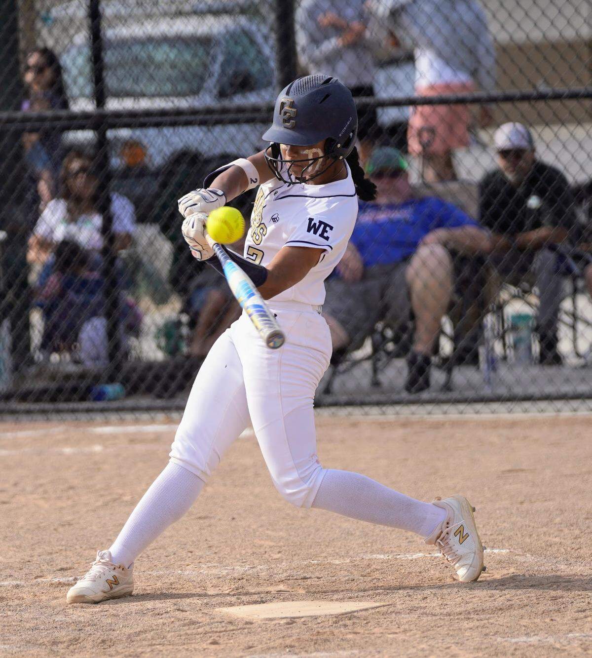 Central Catholic’s Samantha Nichols fouls off a pitch during a Valley Oak League game against Manteca at Manteca High School on Tuesday, April 22, 2025.