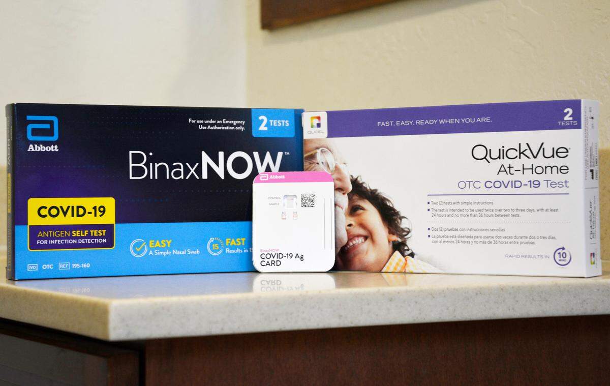 Two at-home rapid COVID-19 test kits available in Stanislaus County, Calif. on Sept. 15, 2021.