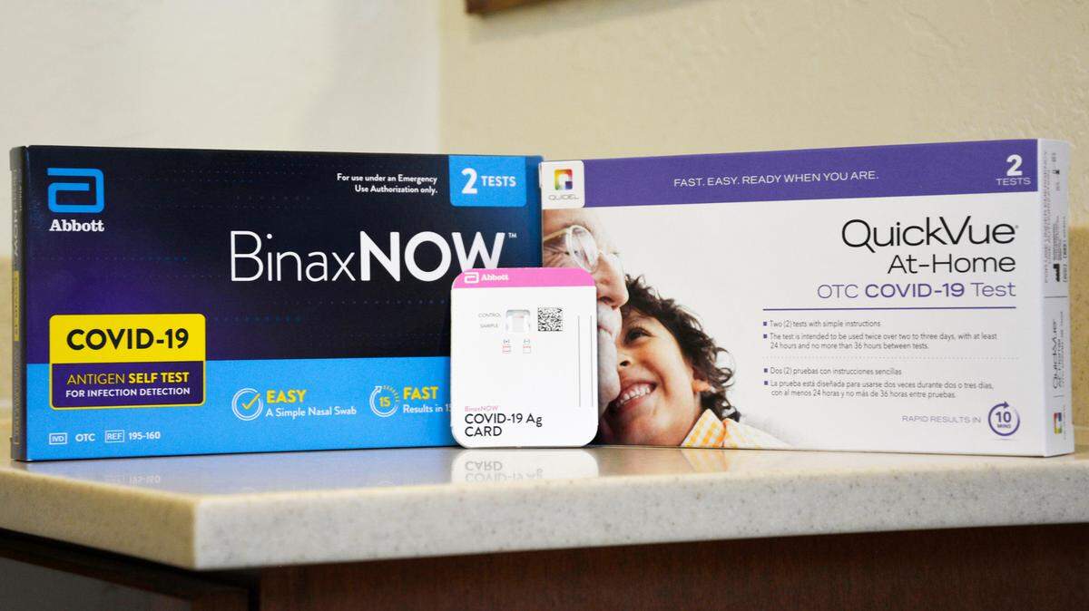 Two at-home rapid COVID-19 test kits available in Stanislaus County, Calif. on Sept. 15, 2021.