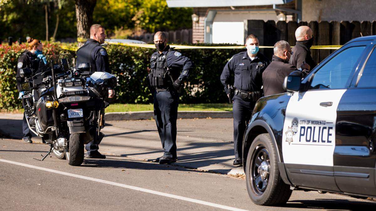Modesto police work the scene at Modesto Church of the Brethren on Woodland Ave. in Modesto, CA Dec. 29, 2020, when Officer Joseph Lamanti fatally shot Trevor Seever.