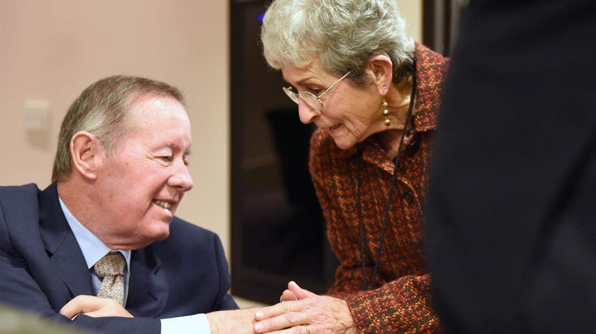 Stanislaus County supervisor Tom Berryhill shares a moment with Modesto City councilwoman Jenny Kenoyer after he was sworn in Wednesday afternoon January 9, 2019 in the basement chambers of 10th Street Place in Modesto, Calif.