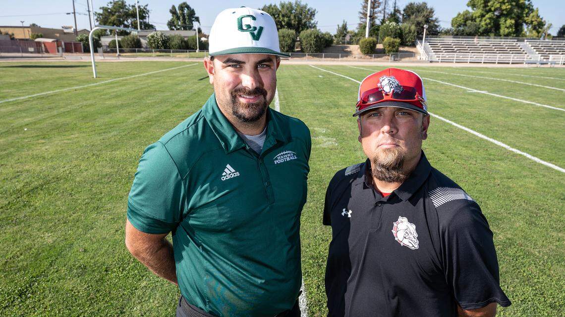Brothers Derrick, left, and Clinton Goblirsch, right, are head football coaches for rival Ceres high. school football teams. Derrick is the Central Valley High coach and Clinton coaches at Ceres High. Photographed in Ceres, Calif., on Wednesday, Sept. 1, 2021.