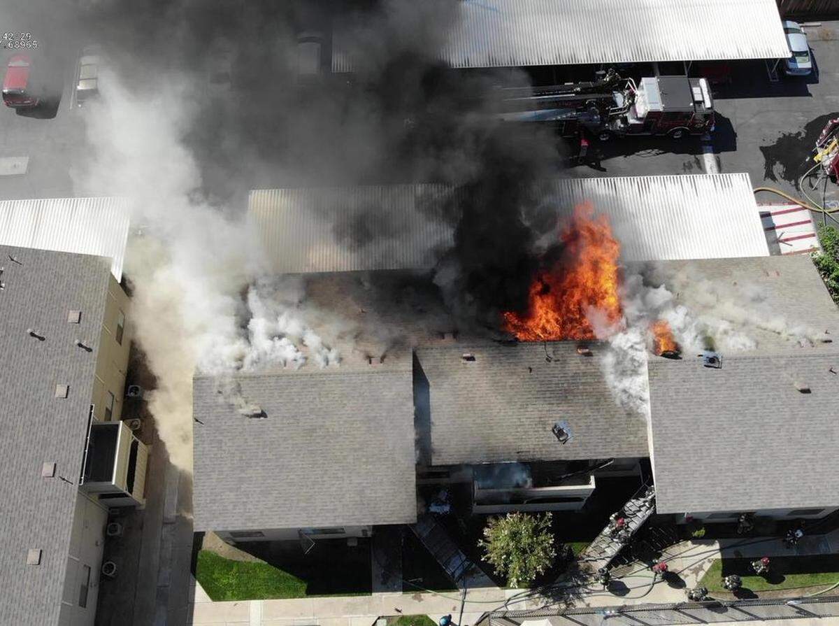A three-alarm fire Tuesday, Aug. 16 damaged eight apartments and displaced eight residents of Casa de Paz, a north Modesto, California complex.
