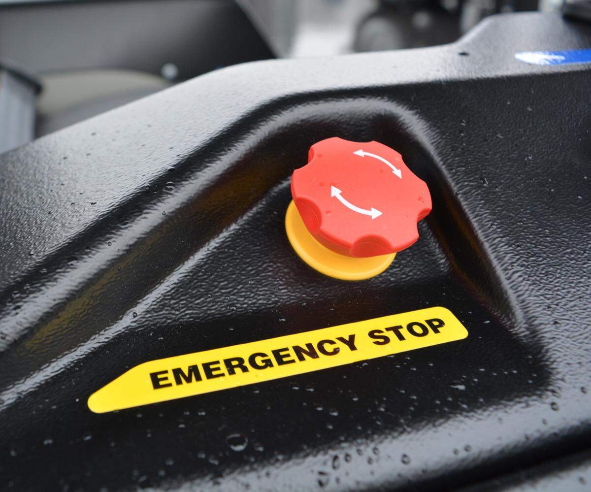An easy-to-reach shutoff switch is among the safety features for the driver-optional farm tractor unveiled by Monarch Tractor in Livermore CA on Dec. 1, 2022.