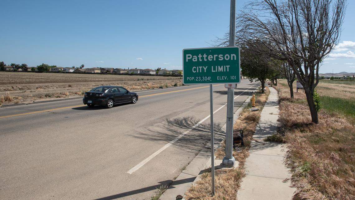Site of the proposed Zacharias housing development, left, along Baldwin Road in Patterson, Calif., on Tuesday, April 12, 2022.