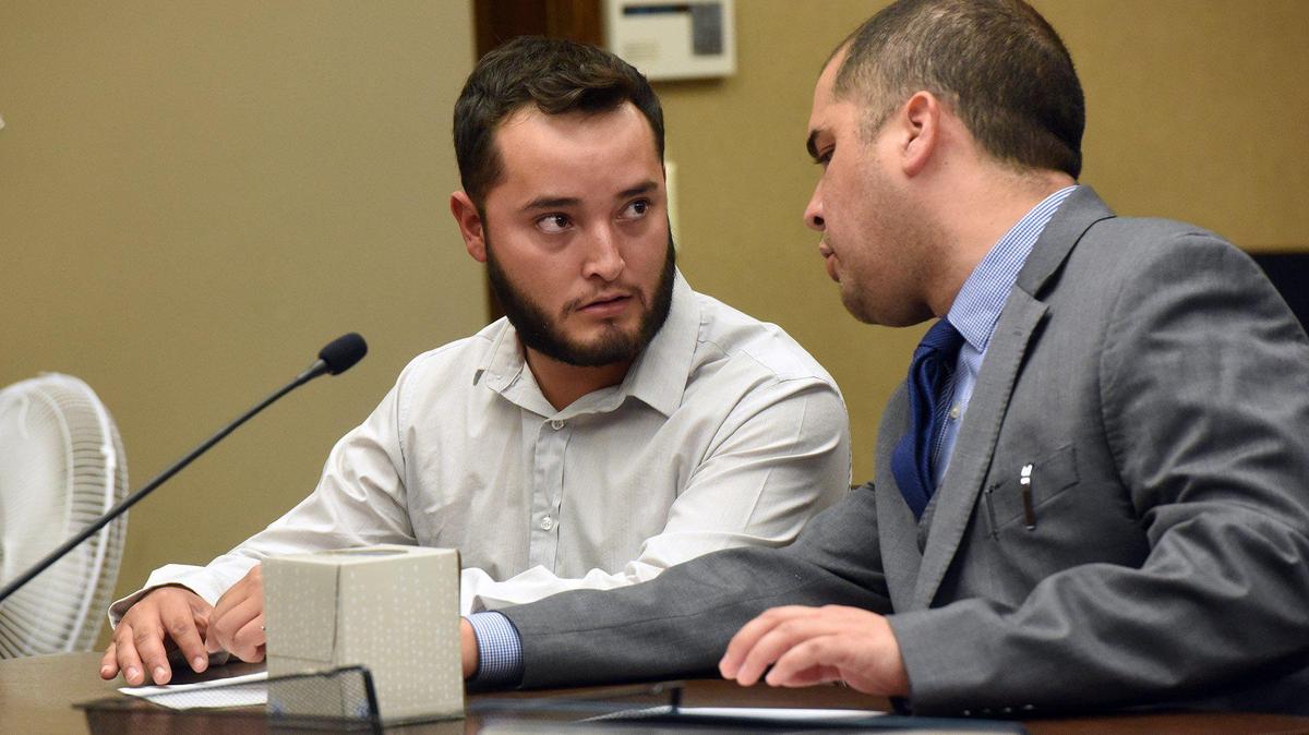 Kevin Hernandez Solis (left) speaks with his attorney Aaron Villalobos Friday August 16, 2019 during his sentencing hearing in Stanislaus County Superior Court. He has been convicted of driving drunk in a Turlock crash in December of last year that killed Dutcher Middle School eighth-grader, Freida Pineda, and injured two others.