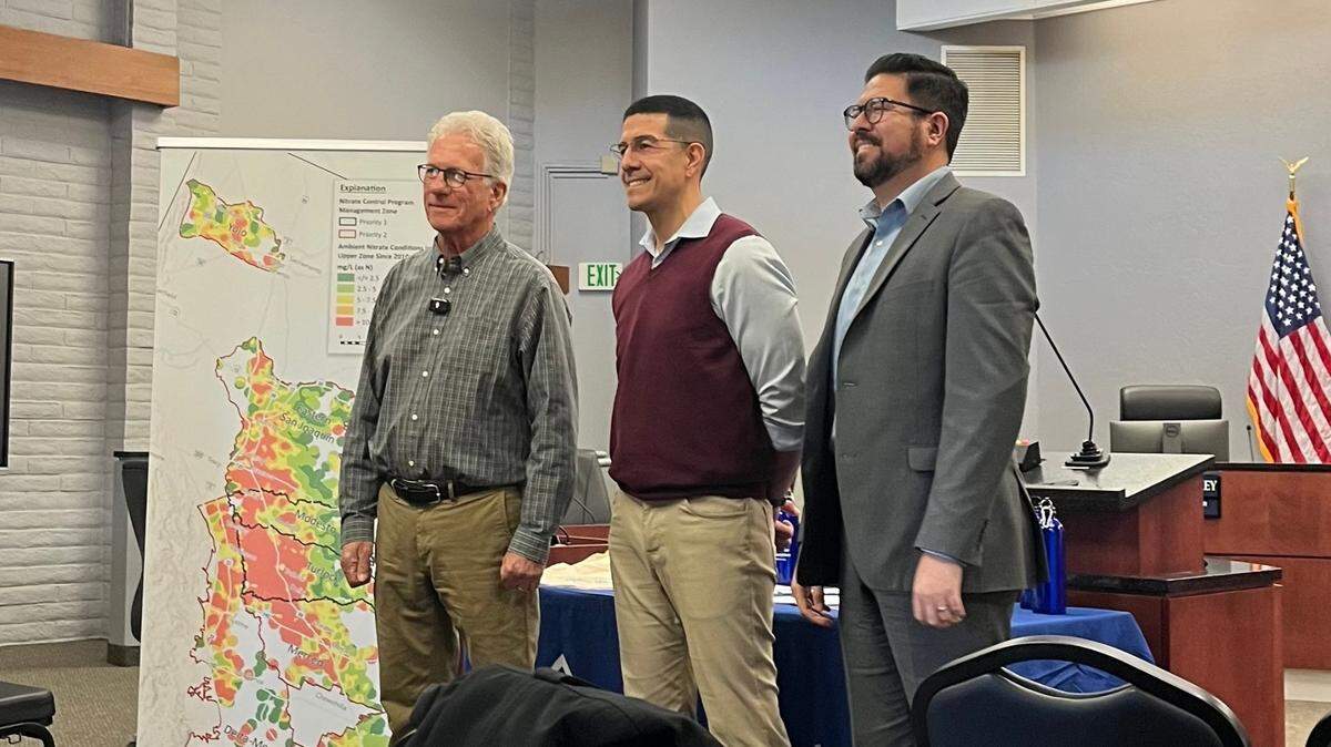 From left are Parry Klassen, executive director of the Valley Water Collaborative; Patrick Pulupa, executive officer of the Central Valley Regional Water Quality Control Board; and Joaquin Esquivel, chair of the state Water Resources Control Board.