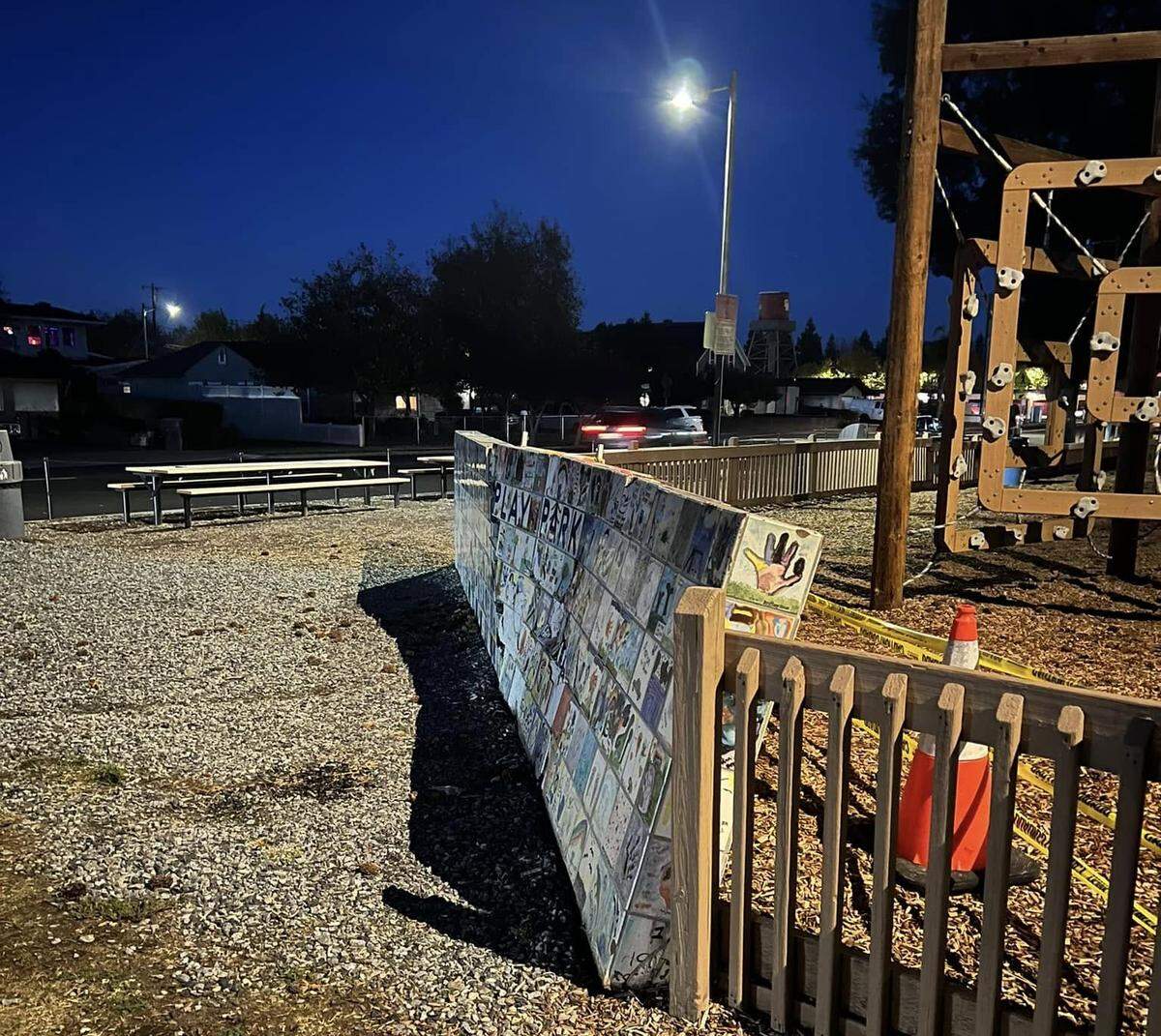 The aftermath of a collision that happened during a police pursuit near Dorada Park in Oakdale on Sunday, Nov. 24, 2024. A white pickup truck damaged a tiled wall with school children’s art. The wall of was of historic significance, according to the City of Oakdale.
