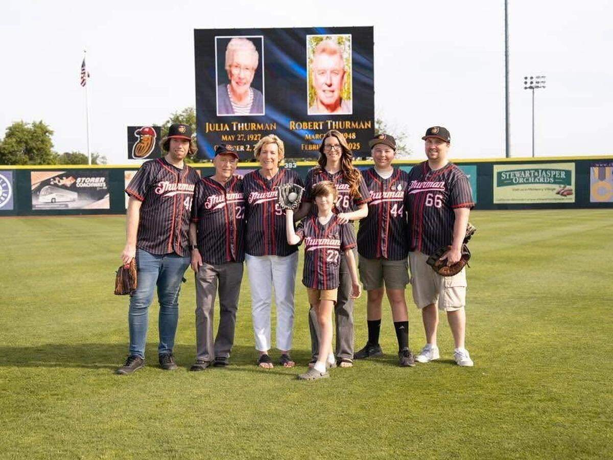 John Thurman’s daughter, Susan Thurman, celebrates the life of her mother Julia and her brother Robert at a memorial service at John Thurman Field in April, 2024 in Modesto. She is pictured in the middle, surrounded by her family.
