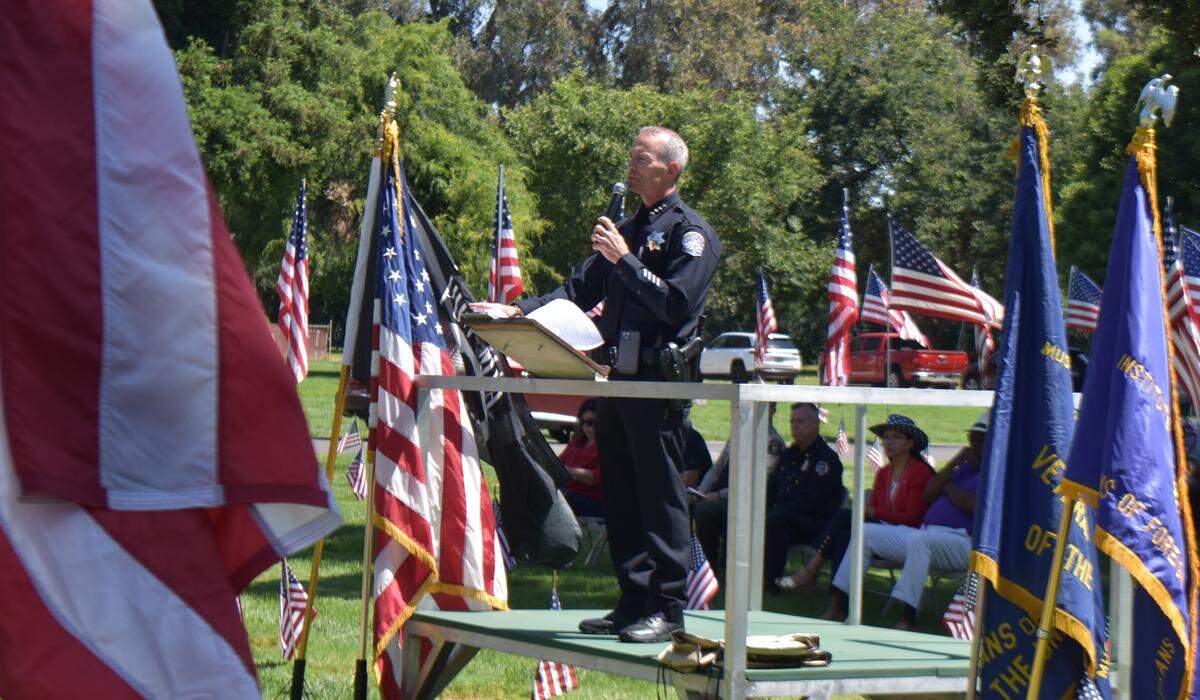 Modesto Police Department Chief Brandon Gillespie speaks at the 2026 Memorial Day observance at Acacia Memorial Park in Modesto on Monday, May 25.
