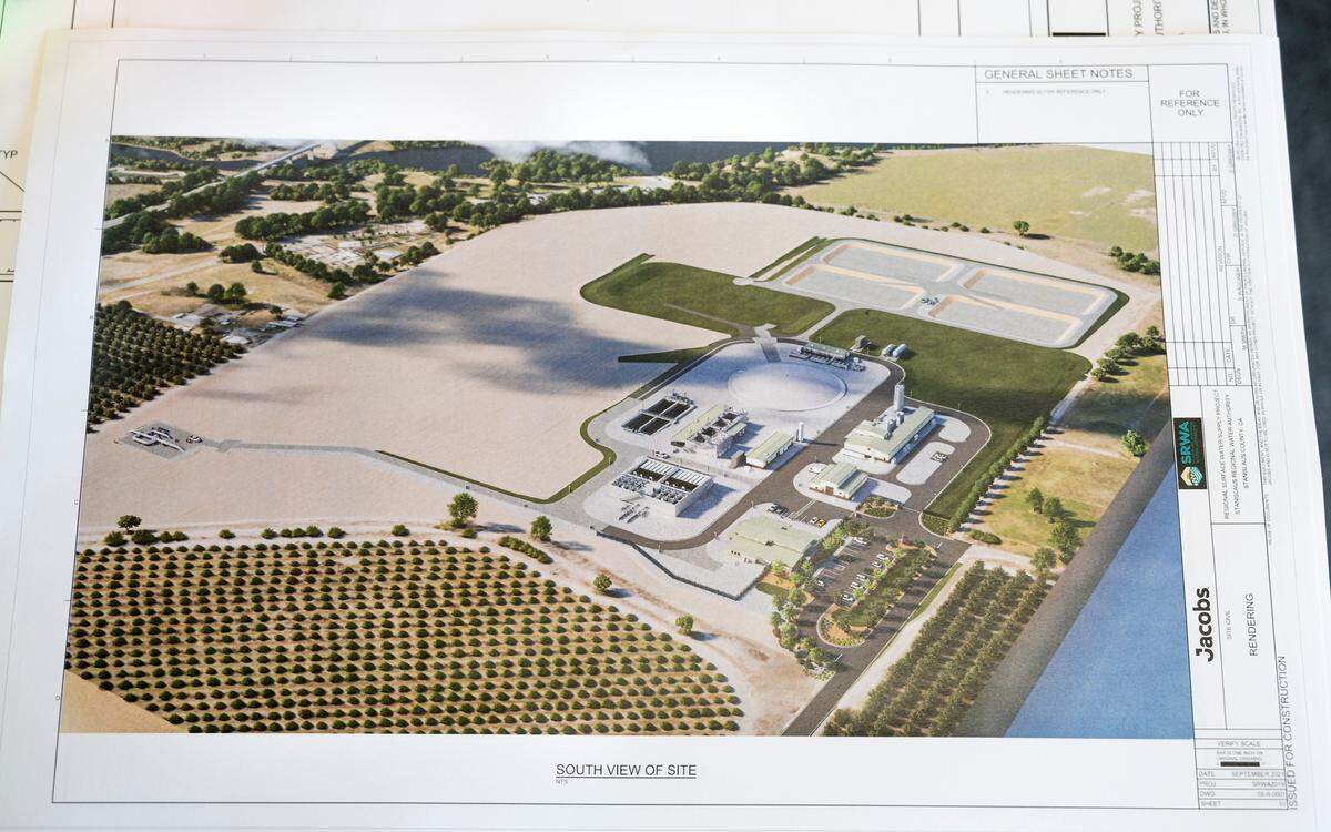 A project rendering of the final plant. The water treatment plant is being built as part of the Regional Surface Water Supply Project near Hughson, Calif., Dec. 1, 2021. The plant will treat water drawn from the Tuolumne River and will deliver drinking water to Turlock and Ceres starting in 2023.