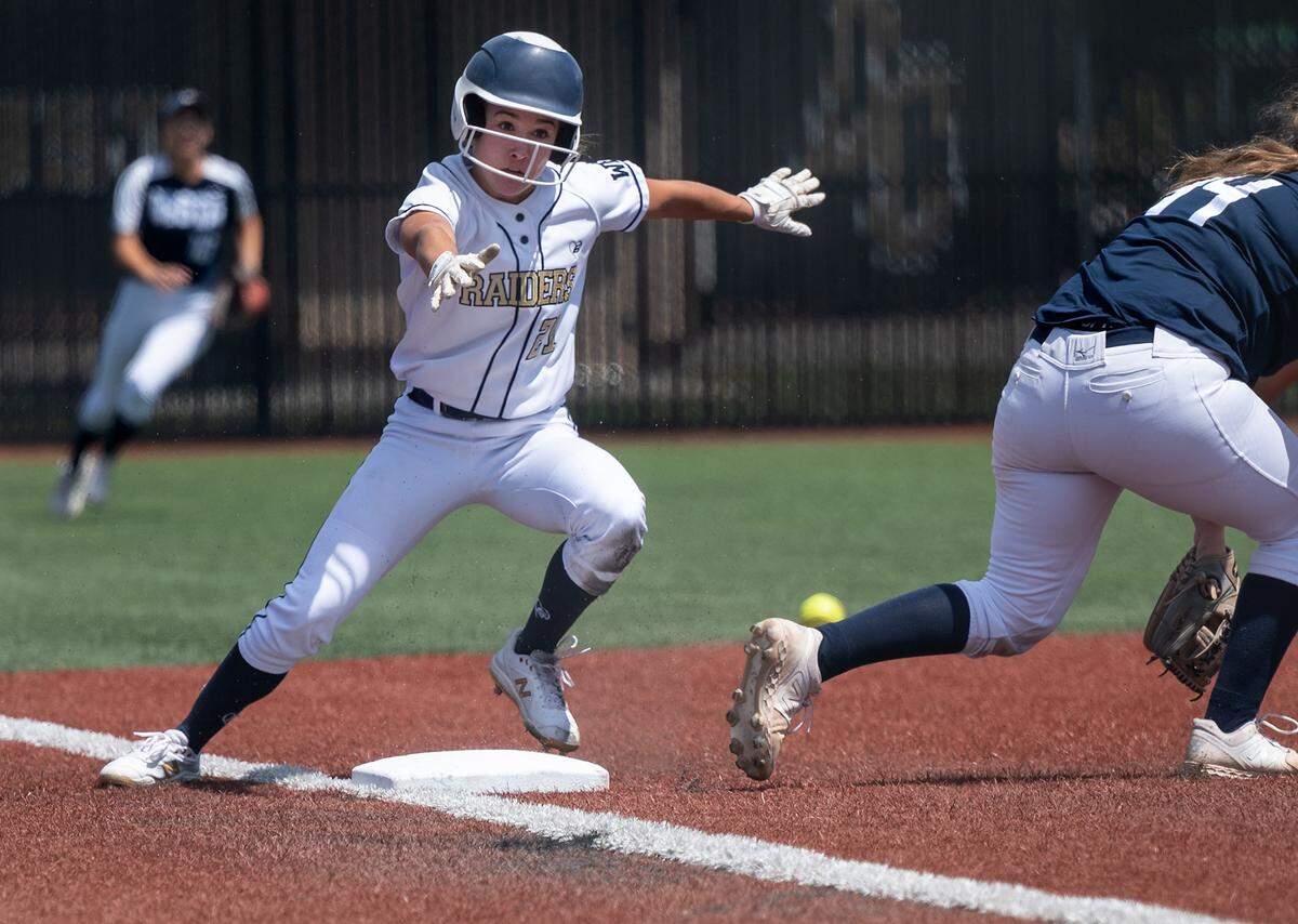 Central Catholic’s Adison Machado breaks for home as the ball gets away from the defense during the CIF Sac-Joaquin Section Division III softball championship game with Vista del Lago at Delta College in Stockton, Calif., on Saturday, May 28, 2022.
