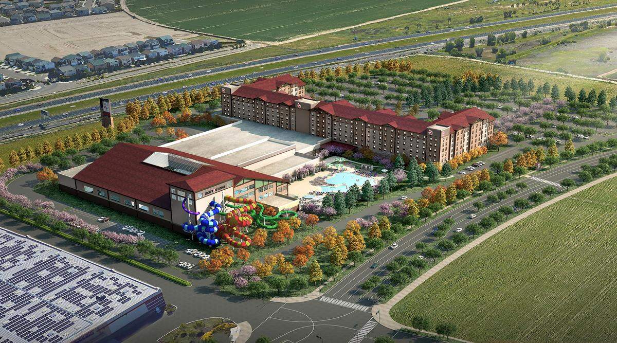 A rendering of the Great Wolf Lodge in Manteca which will include a 6-story, 500-room hotel, family entertainment center and 95,000 square-foot indoor waterpark.