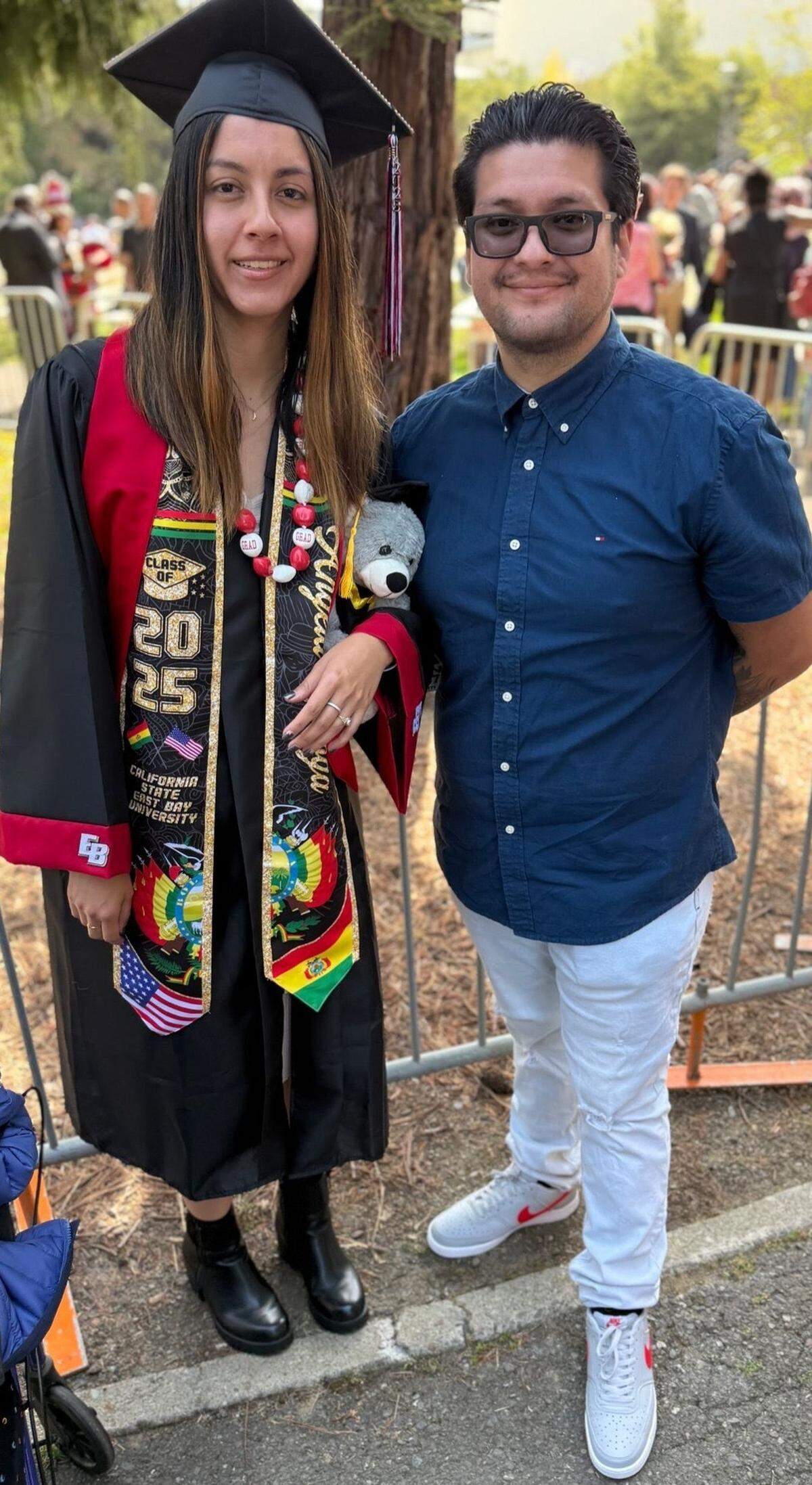 Angela Quiroga, left, poses with her brother, Emilio Quiroga at a graduation ceremony. The two were victims of a crash on Interstate 5 near Newman that killed Emilio and seriously injured Angela, according to a family fundraiser page.