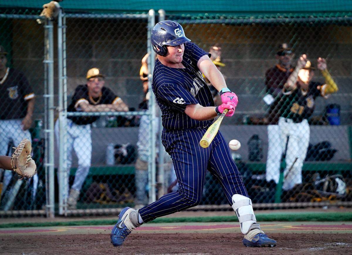 Central Catholic’s Joe Farinha hits a two-RBI single during the Sac-Joaquin Section D-III championship game with Yuba City at Sacramento City College on Wednesday, May 21, 2025.