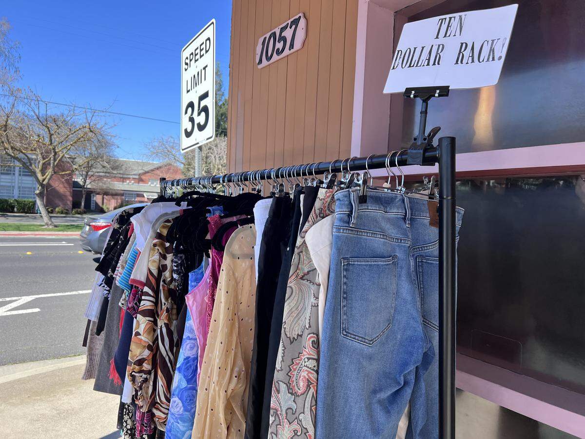 The $10 rack at Ambition Vintage in Modesto, California.