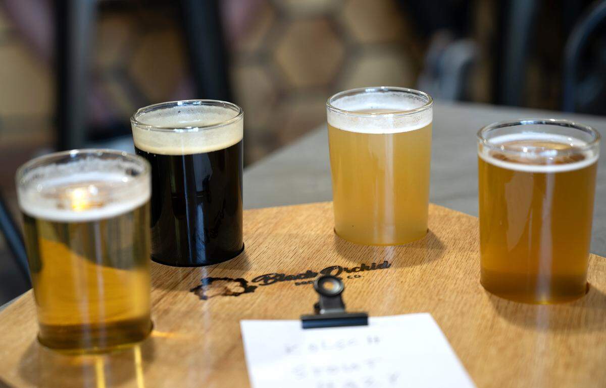 Kolsch, oatmeal stout, hazy IPA and a wheat beers at Black Orchid Brewing Company in Modesto, Calif., Friday, May 3, 2024.
