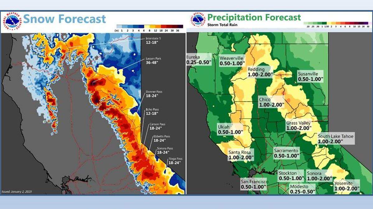 Precipitation totals predicted by the National Weather Service for the period from Saturday morning to Sunday evening.