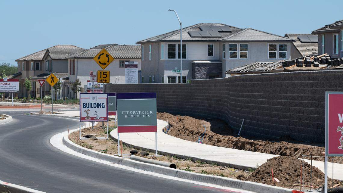 New housing construction at Founders Point by Florsheim and Fitzpatrick Homes on Carver Road in Modesto, Calif., on Saturday, May, 14, 2022. Home values in the region continue to increase.