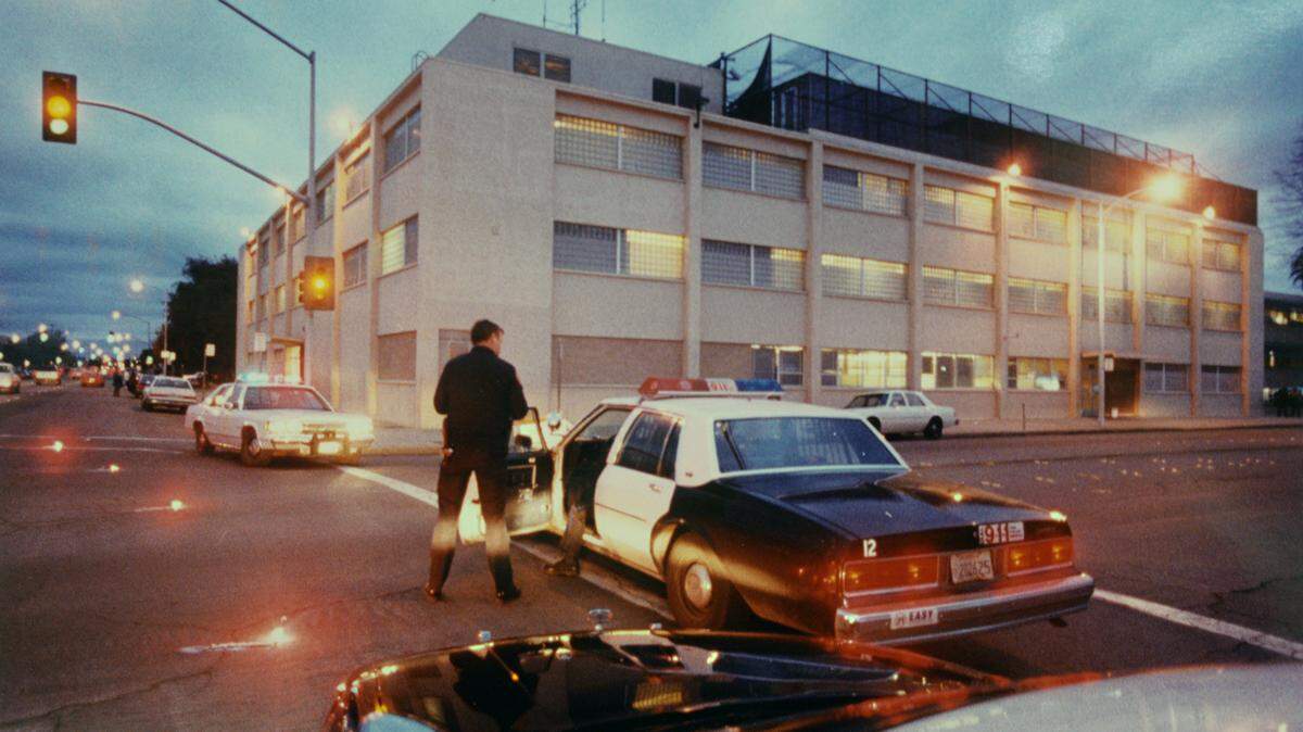 The Stanislaus County jail on H and 12th streets is pictured on February 22, 1993. The street was blocked off because of a disturbance inside the jail.