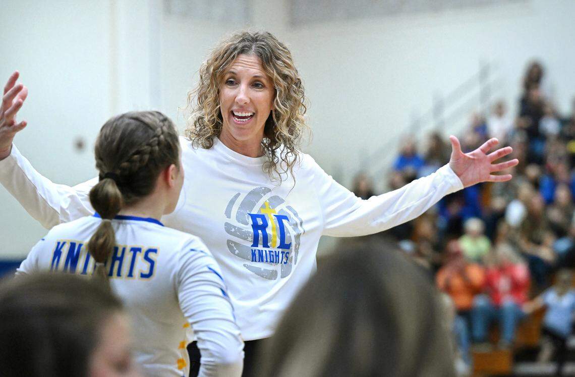 Ripon Christian coach Kayla Kootstra talks with Allison Brown during the Sac-Joaquin Section Division IV championship match with Ripon at Modesto Junior College in Modesto, Calif., Saturday, Nov. 4, 2023. Ripon Christian won the match 3-0.
