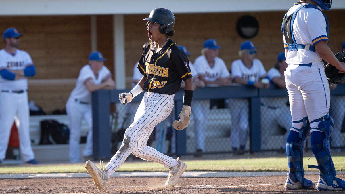 Hughson’s Isaac Lupercio reacts as he crosses home plate during the Sac-Joaquin Section D-V championship game with Lincoln at Islander’s Field in Lathrop, Wednesday, May 21, 2025.