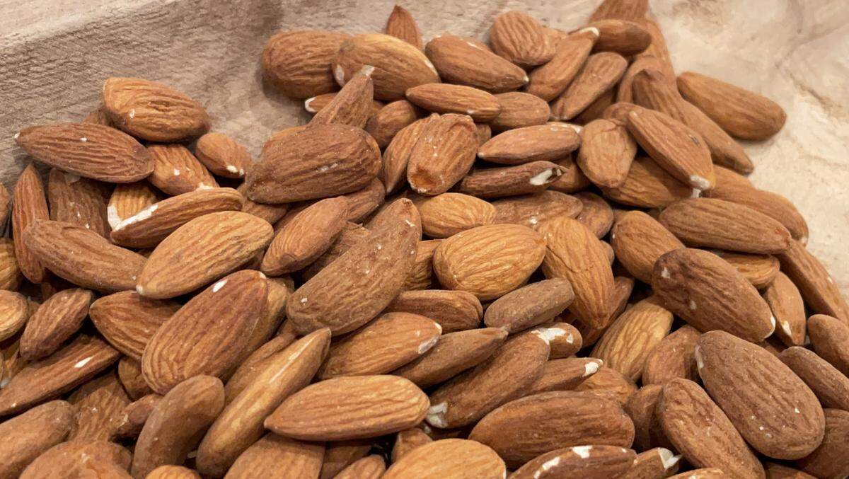 Plain almonds from Blue Diamond Growers are displayed at its annual meeting in Modesto, California, on Nov. 15, 2023.