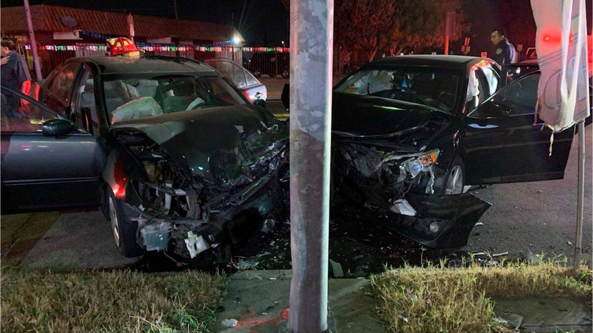 Two people suffered major injuries in a head on collision near downtown Modesto on Tuesday night, Nov. 12, 2019.