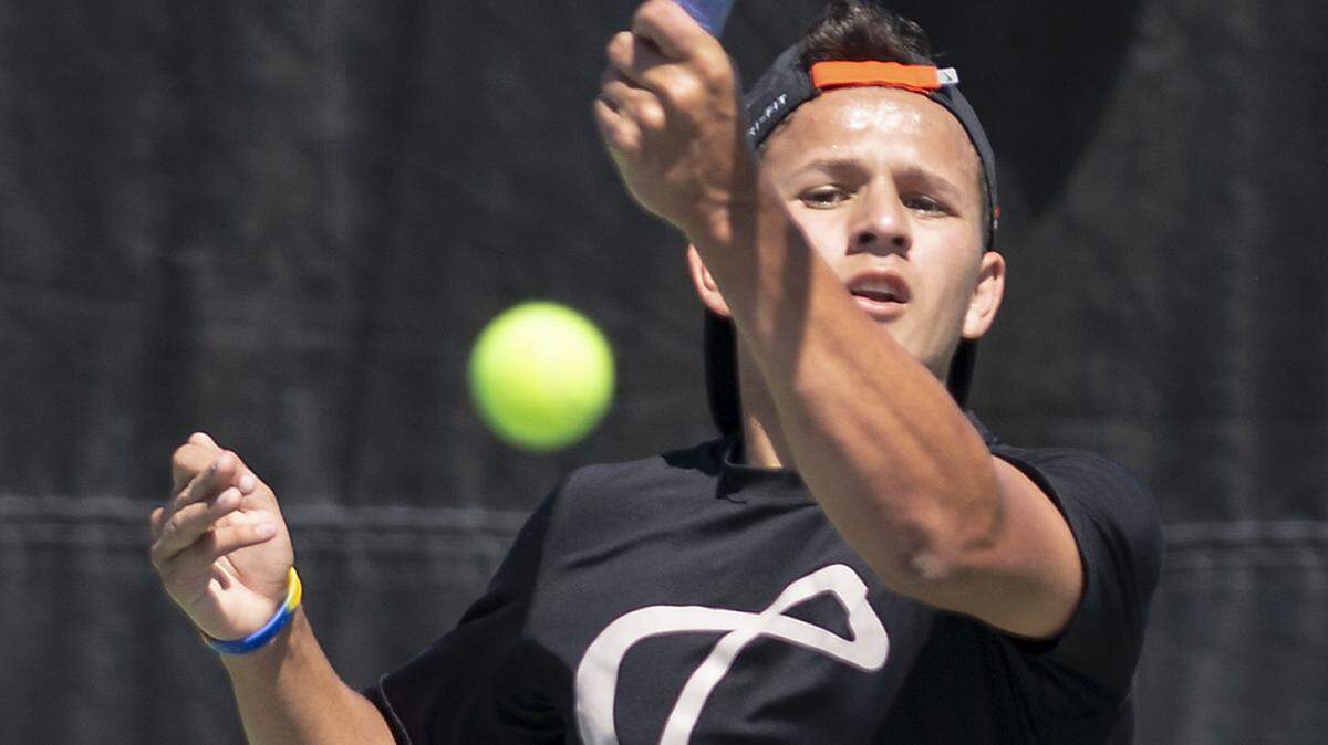 Modesto senior Coby McCaig drives a forehand during his match with Gregori’s Cole Whang during the Central California Athletic League Championships at Modesto Junior College in Modesto, Calif., Thursday, April 19, 2019. 