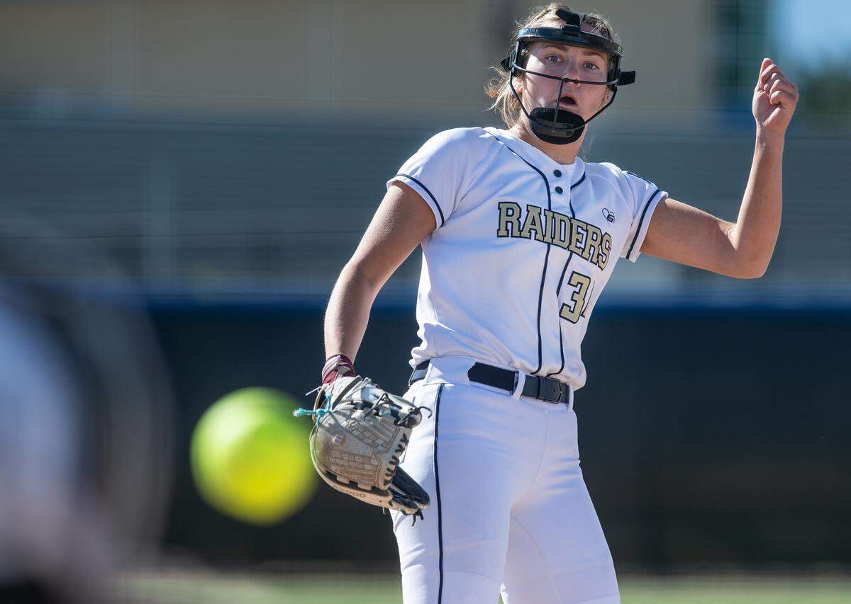 Central Catholic pitcher Randi Roelling releases the ball during the Valley Oak League game with Oakdale at Central Catholic High School in Modesto, Calif., on Tuesday, May 10, 2022.