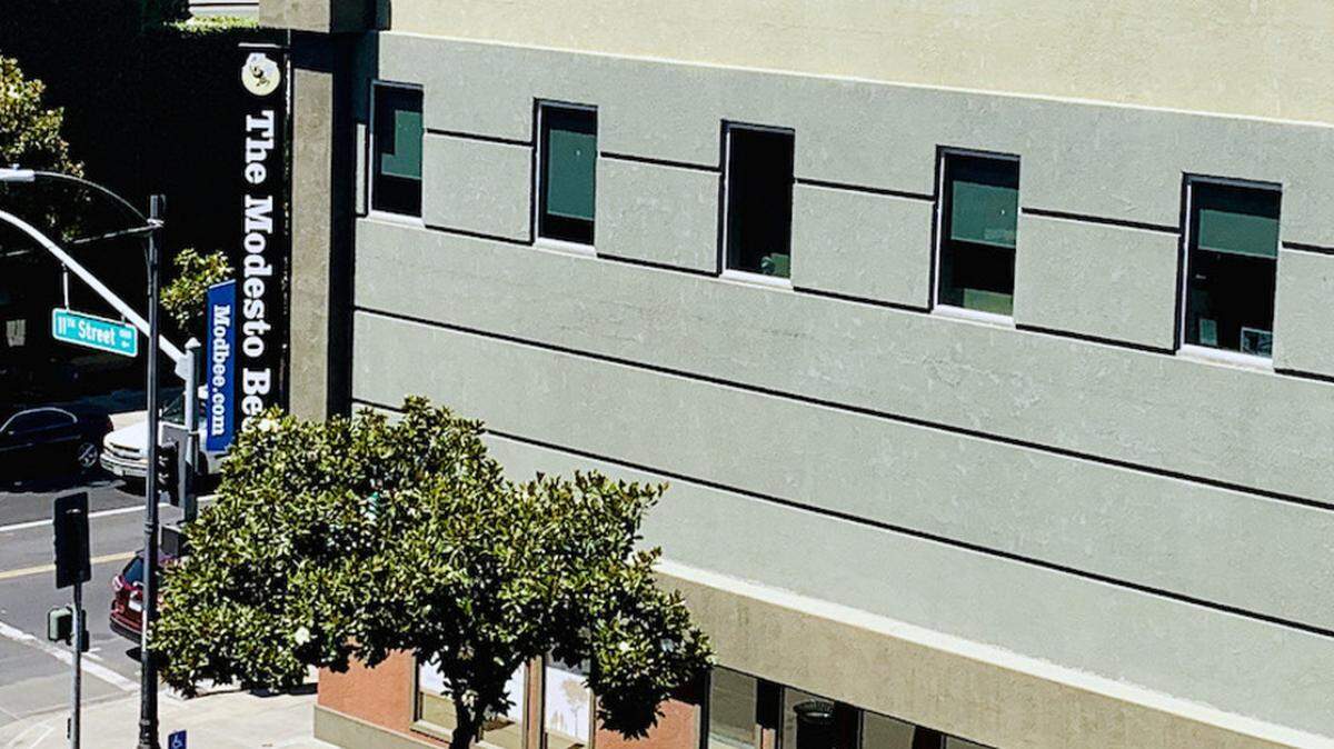 The outside of The Modesto Bee offices at 11th and J streets in downtown Modesto, California.