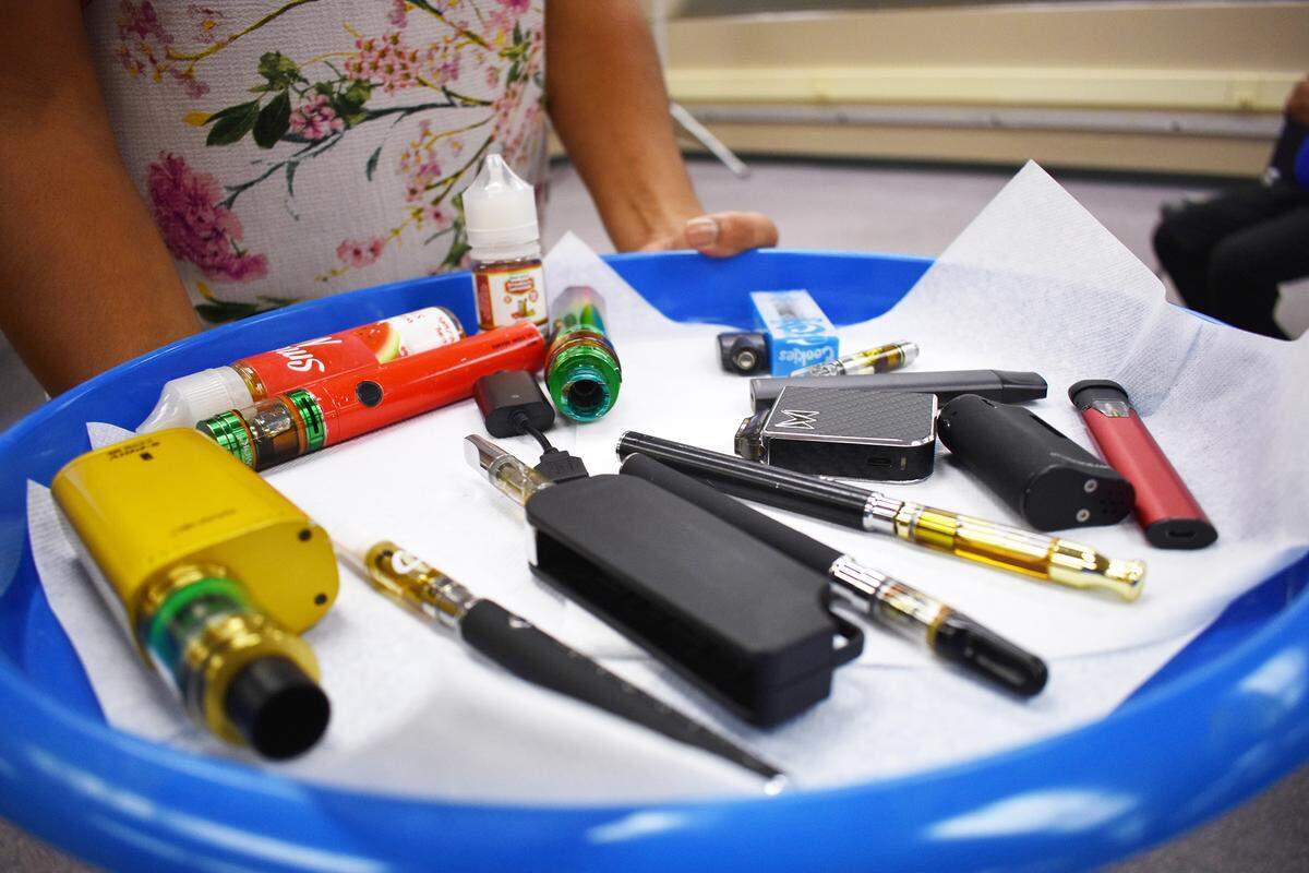 Charmaine Monte, Tobacco Use Prevention Education planning coordinator with the Stanislaus County Office of Education, presented a “Teen Vaping” program Tuesday night, Aug. 27, 2019, at Beyer High School in Modesto. She showed attendees a tray of various vaping devices and liquids confiscated from students at schools within the county.