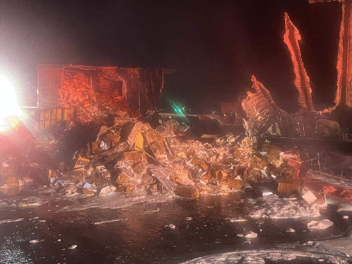 Burned cargo spills onto northbound Highway 99 near Ceres after a trailer carrying frozen food caught fire late Thursday night. Firefighters spent about an hour containing the blaze.