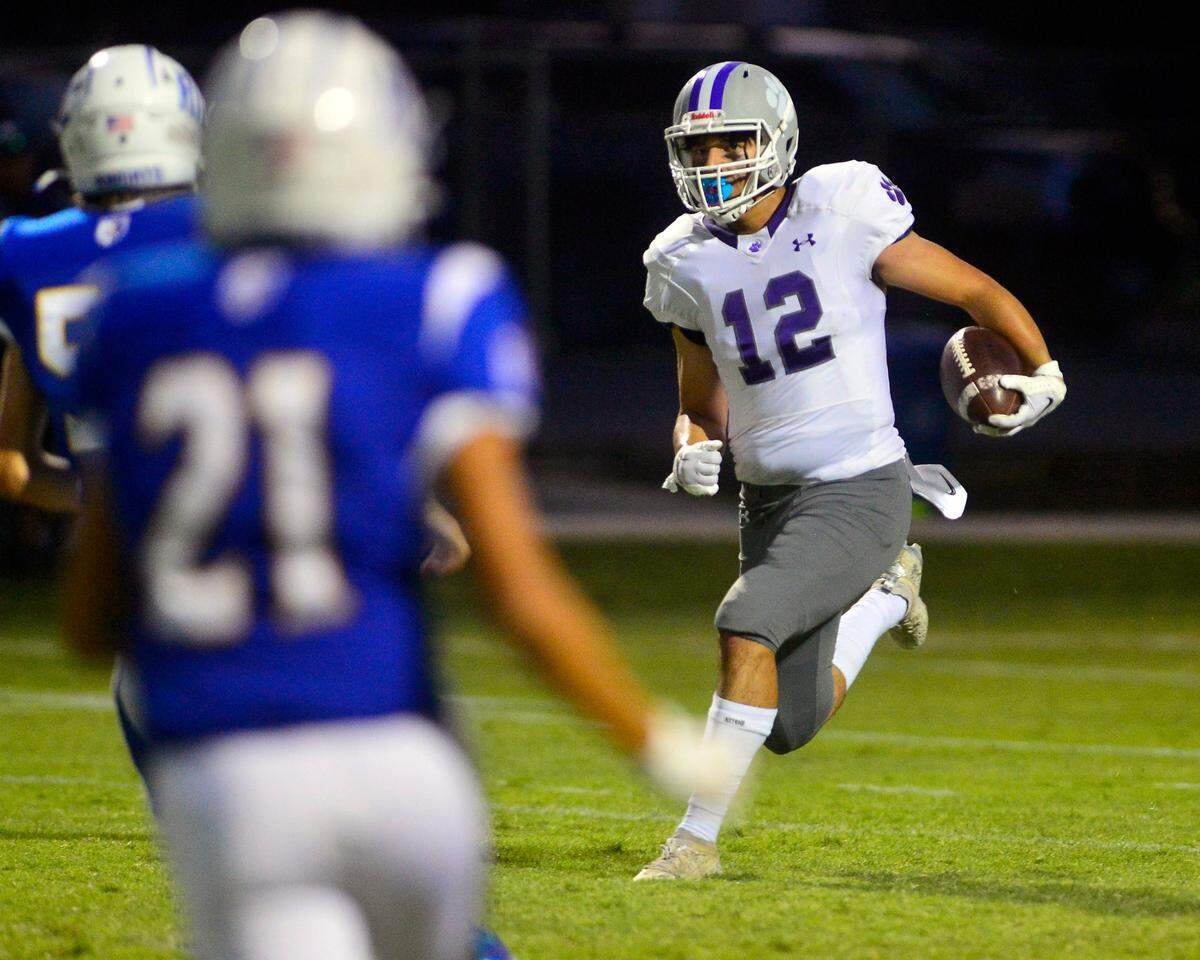 Denair running back Izaiahs Plasencia sprints up field during a game between Ripon Christian and Denair at Ripon Christian High School in Ripon California on September 16, 2022.