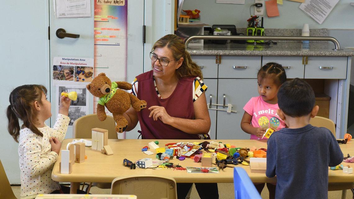 Teacher Gabriela Mora plays with Zayleen Corona 3yrs (left) on Wednesday morning September 4, 2019 at the Walter Thompson Child Development Center in Ceres, Calif.