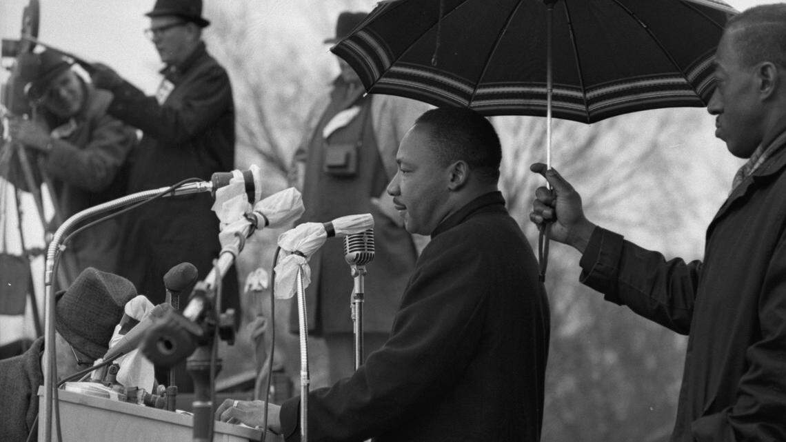 The Rev. Dr. Martin Luther King Jr. speaks at a civil rights demonstration in Frankfort, Kentucky, on March 5, 1964.