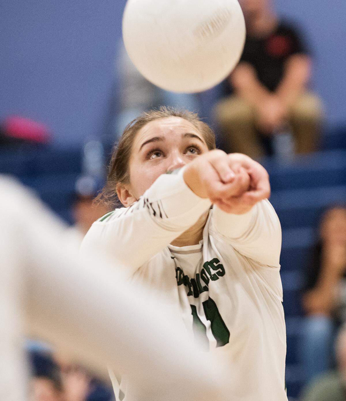 Manteca’s Kacy Bolding retrieves the ball during the Valley Oak League match with Central Catholic at Central Catholic High School in Modesto, Calif., on Thursday, Oct. 4, 2018.