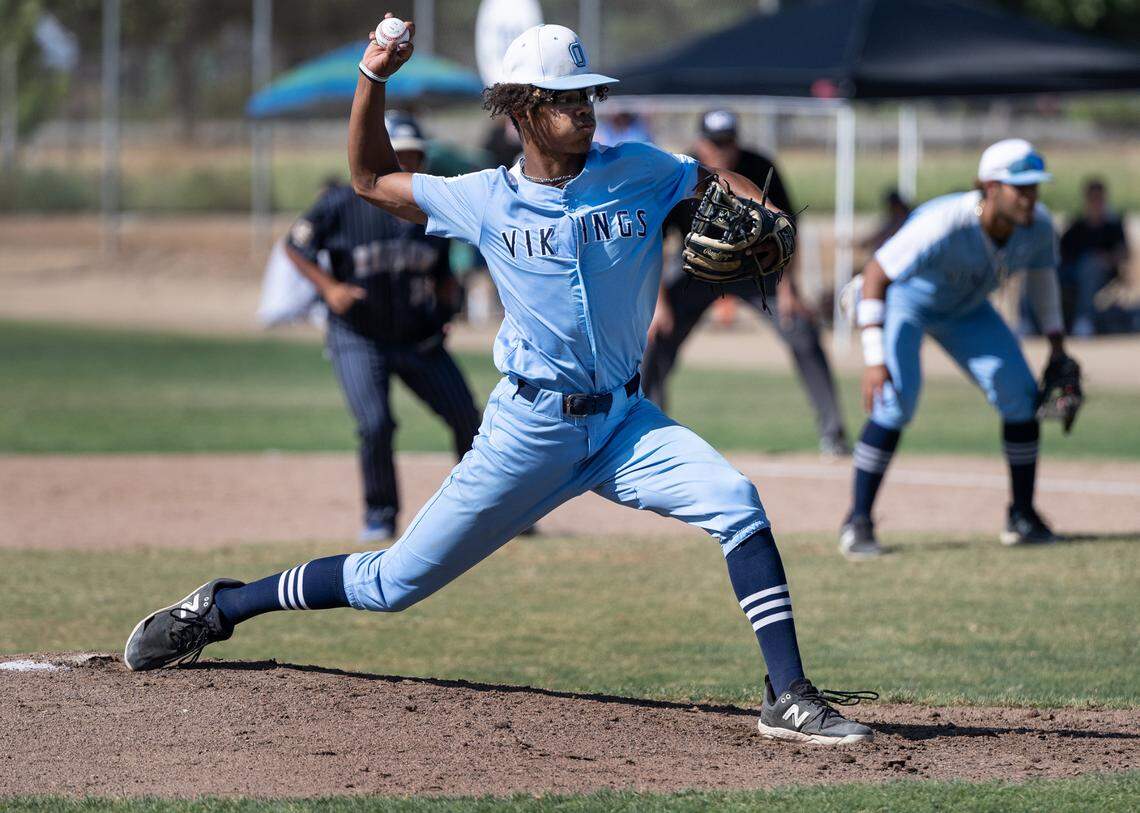 Oakmont’s Jaylan Patterson delivers a pitch during the Northern California Regional Division III championship game with Central Catholic at Central Catholic High School in Modesto, Calif., Saturday, June 3, 2023.