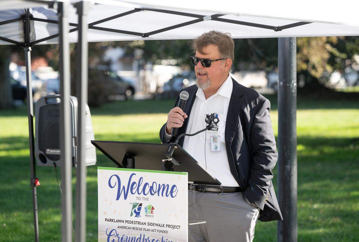 Dave Leamon,&nbsp;Stanislaus County director of public works, speaks during a groundbreaking ceremony of the Parklawn Pedestrian Sidewalk Project in Modesto on Thursday, Oct. 16, 2025. 
